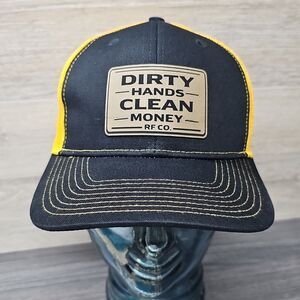 DIRTY HANDS CLEAN MONEY RF CO. Trucker Hat Cap Black/Gold Leather Patch